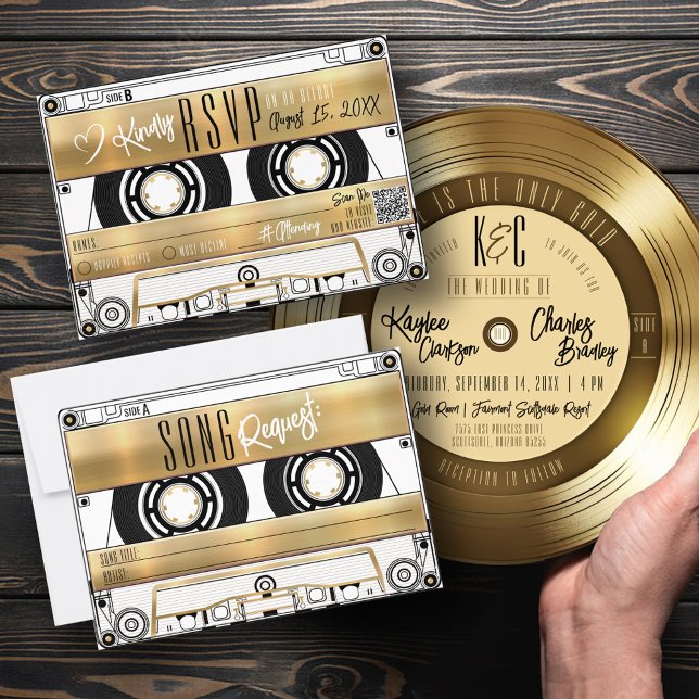 Retro Gold Cassette Tape Hochzeit Einladung UAWG (Solid Gold vintage retro gold plaque cassette tape wedding invitation rsvp song card, vinyl record)