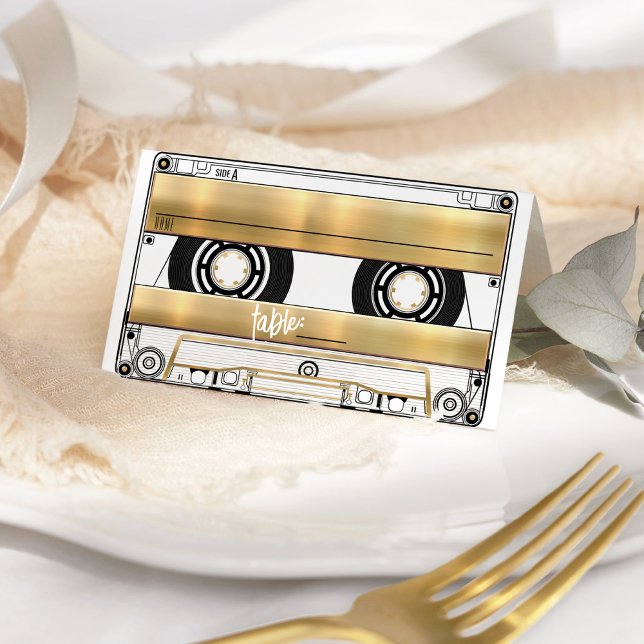 Retro Gold Cassette Tape Wedding Folded Place Card Platzkarte (Retro vinyl record music theme cassette tape black gold folded wedding reception table place card)