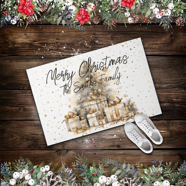 Retro Gold Christmas Tree Familienname Fußmatte (Von Creator hochgeladen)