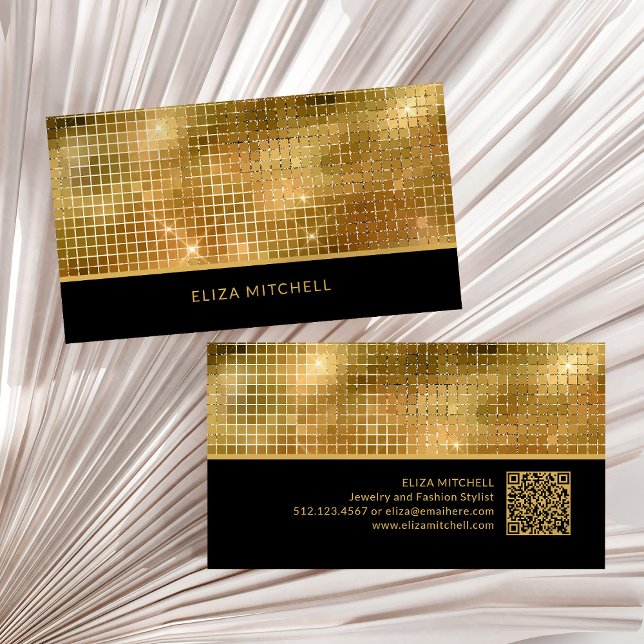 Retro Gold Disco Ball Mirror | QR-Code Visitenkarte (A glam, retro and disco-ball inspired black and gold business card, with scannable QR code)