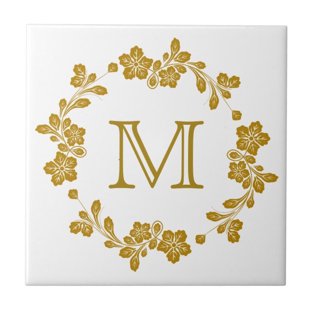 Retro Gold Floral Border Monogramm Fliese (Vorderseite)