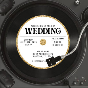 Retro-Gold-Glitter-Vinyl-Schallplatte Hochzeit Einladung