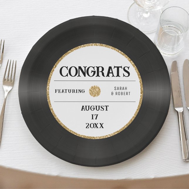 Retro Gold Glitzer Vinyl Record Glückwunschs Hochz Pappteller (Retro Gold Glitter Vinyl Record Congrats Wedding Paper Plates
)