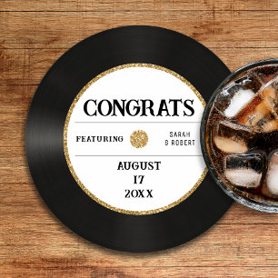 Retro Gold Glitzer Vinyl Record Glückwunschs Hochz Runder Pappuntersetzer