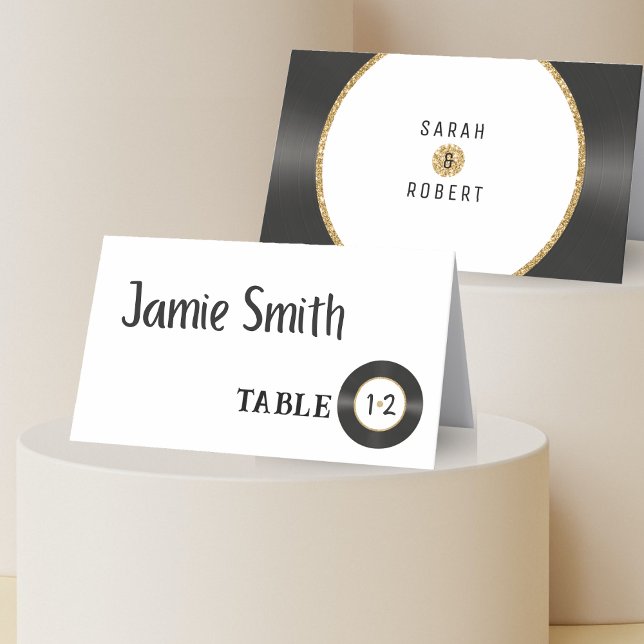 Retro Gold Glitzer Vinyl Record Wedding Platzkarte (Retro Gold Glitter Vinyl Record Wedding Place Card
)