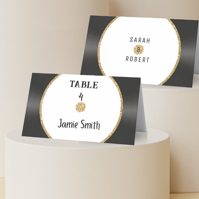 Retro Gold Glitzer Vinyl Record Wedding Platzkarte (Retro Gold Glitter Vinyl Record Wedding Place Card
)