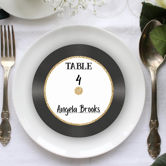 Retro Gold Glitzer Vinyl Record Wedding Platzkarte Runder Pappuntersetzer (Retro Gold Glitter Vinyl Record Wedding Place Card Round Paper Coaster
)