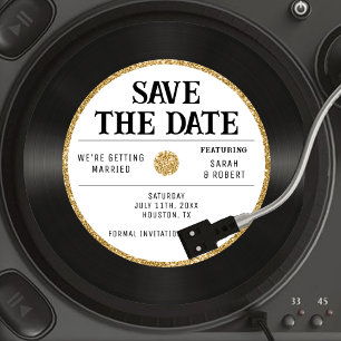 Retro Gold Glitzer Vinyl Record Wedding Save The Date