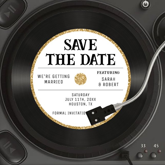 Retro Gold Glitzer Vinyl Record Wedding Save The Date (Gold Glitter Border & White Wedding Details Enclosure Card
)