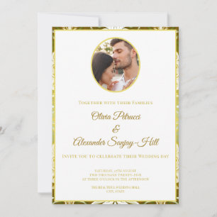 Retro Gold Green Damask 1 Foto Hochzeit Einladung