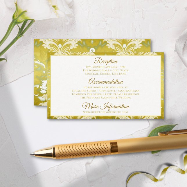 Retro Gold Green Damask Hochzeit Begleitkarte (Von Creator hochgeladen)