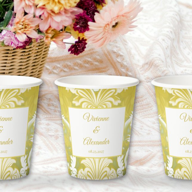 Retro Gold Green Damask Hochzeit Pappbecher (Von Creator hochgeladen)
