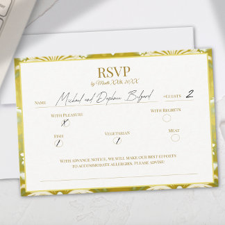 Retro Gold Green Damask Hochzeit RSVP Karte