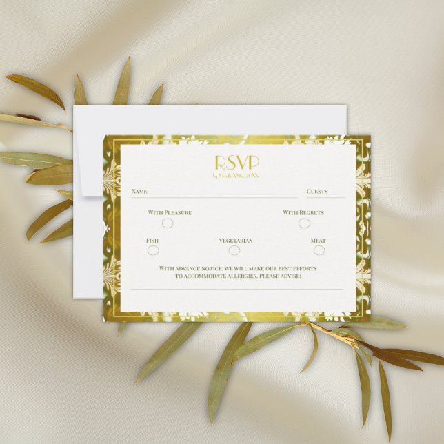 Retro Gold Green Damask Hochzeit RSVP Karte (Von Creator hochgeladen)