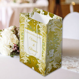Retro Gold Green Damask Hochzeitsgratulation Mittlere Geschenktüte