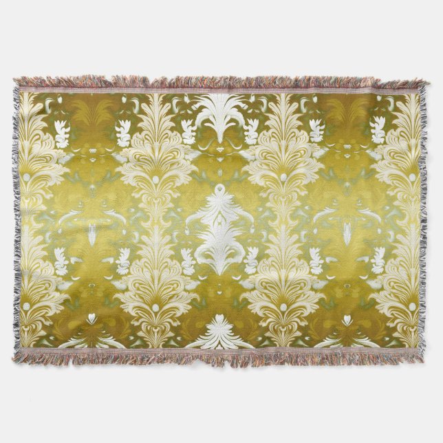 Retro Gold Green Damask Muster Decke (Vorderseite)