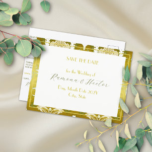 Retro Gold Green Damask Save the Date Ankündigungspostkarte