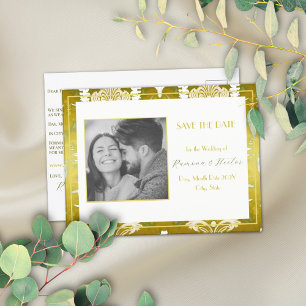 Retro Gold Green Damask Save the Date Ankündigungspostkarte