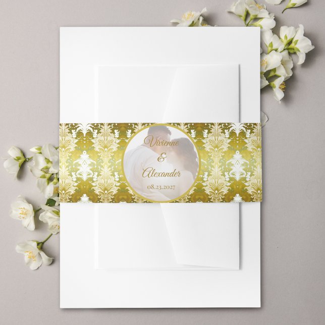 Retro Gold Green Damask Wedding Foto Einladungsbanderole (Von Creator hochgeladen)