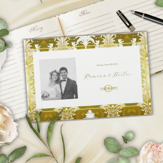 Retro Gold Green Damask Wedding Foto Monogram Gästebuch