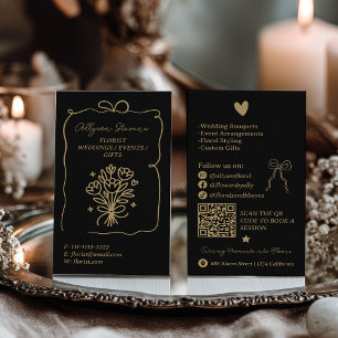 Retro Gold Schwarz Doodles Florist Künstler QR Cod Visitenkarte
