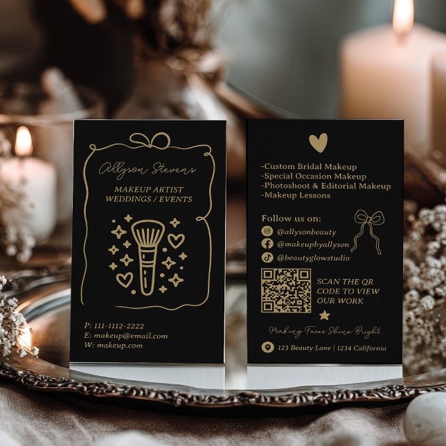Retro Gold Schwarz Doodles Visagist QR-Code Visitenkarte (Retro Gold Black Doodles Makeup Artist QR Code Business Card)