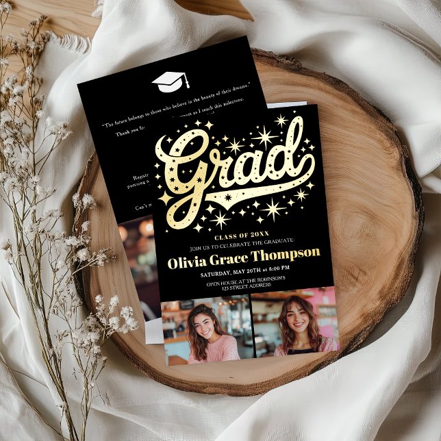 Retro Gold Script Stars 3-Foto Graduierungsparty Folieneinladung (Retro Gold Script Stars 3-Photo Graduation Party Foil Invitation)