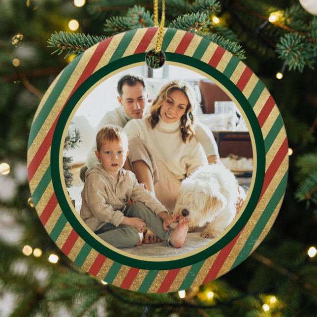Retro Gold Streifen Familie Foto Frohe Weihnachten Keramik Ornament (Von Creator hochgeladen)