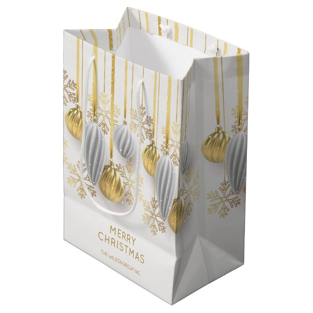 Retro Gold und Silber Weihnachtsschmuck Mittlere Geschenktüte (Vorderseite Schrägansicht)