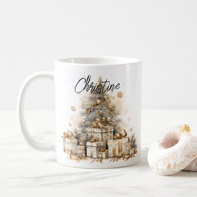 Retro Gold Weihnachtsbaum Name Kaffeetasse (Mit Donut)