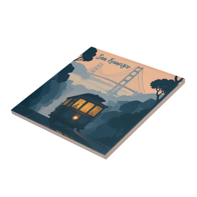 Retro Golden Gate Bridge, Cable Car, San Francisco Fliese (Seite)