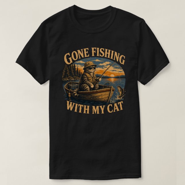 Retro Gone Fishing Katze Design T-Shirt (Design vorne)