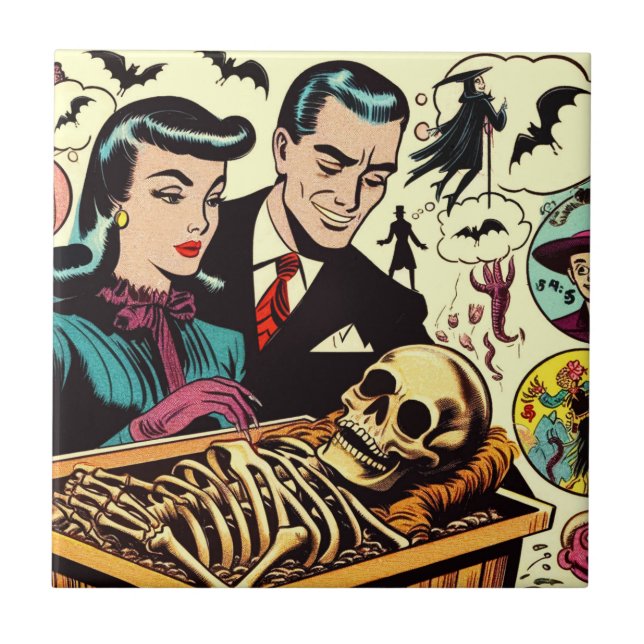 Retro Goth Couple Comic Fliese (Vorderseite)