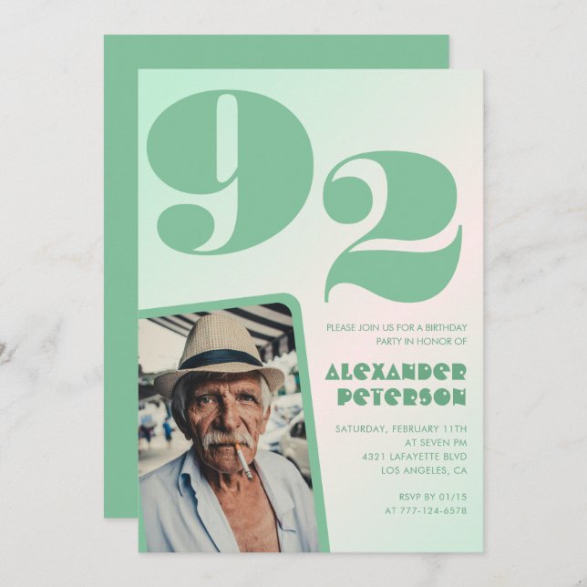 Retro Gradient für ihn Foto 92. Geburtstag Einladung (Vorne/Hinten)