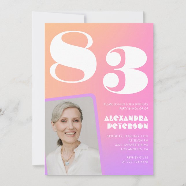 Retro Gradient Pink 83. Geburtstag Einladung (Vorderseite)