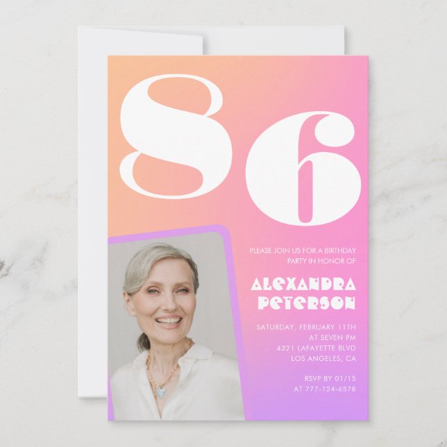 Retro Gradient Pink 86. Geburtstag Einladung (Vorderseite)