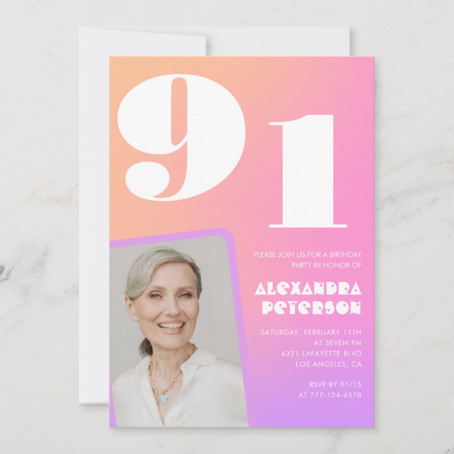 Retro Gradient Pink 91. Geburtstag Einladung (Vorderseite)