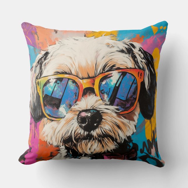 Retro Graffiti Groovy Shih Tzu Dog in Shades Kissen (Vorderseite)