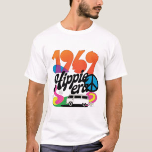 Retro-Grafik aus der Hippie-Ära 1969 mit Friedenss T-Shirt