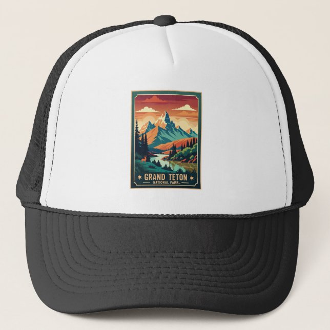 Retro Grand Teton Wandern T - Shirt Truckerkappe (Vorderseite)