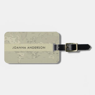 RETRO GRAU BEIGE VINTAGE WELTKARTE PERSONALISIERT GEPÄCKANHÄNGER