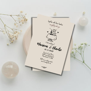 Retro-Grau handgezeichnete Illustrations-Hochzeit  Einladung