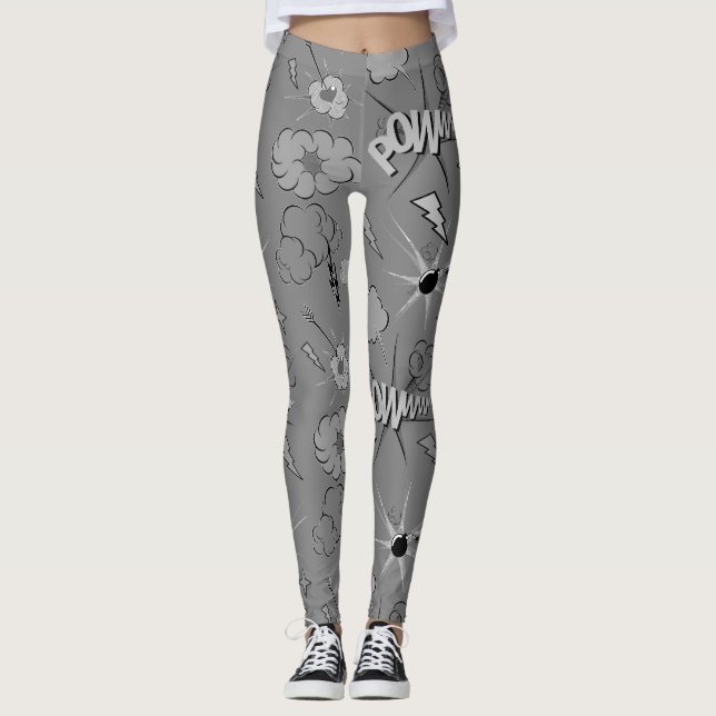 Retro-graues Comicbook-Muster Leggings (Vorderseite)