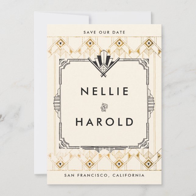 Retro Great Gatsby Art Deco Foto Speichern Sie die Save The Date (Vorderseite)