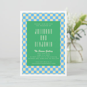 Retro Green and Blue Checkerboard Wedding Einladung