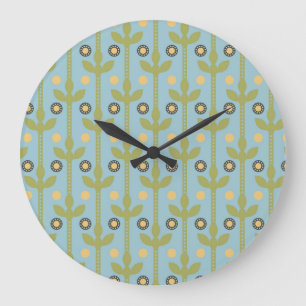 Retro Green and Blue Cute Folksy Floral Pattern Große Wanduhr