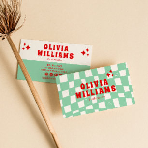 Retro Green Bold Groovy Checkered Funky trendy Visitenkarte