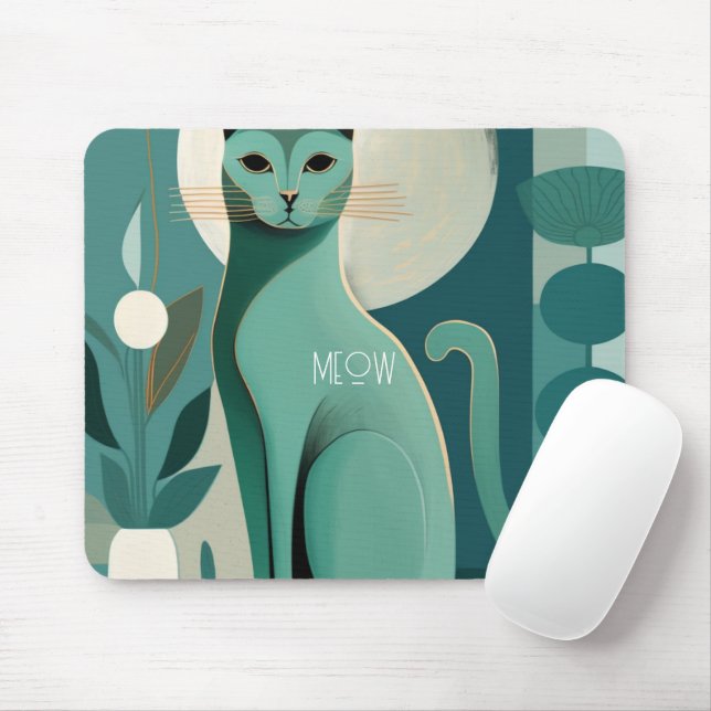 Retro Green Cat Print Mousepad für Katzen Liebhabe (Mit Mouse)