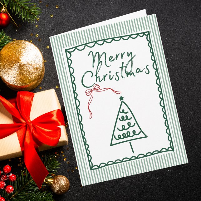 Retro green Christmas Tree & Family Photo Custom  Karte (Von Creator hochgeladen)