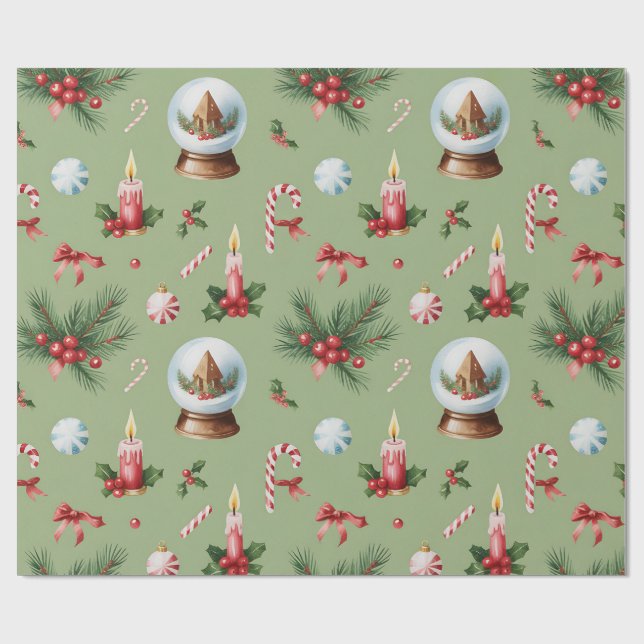 Retro Green Christmas Wrapping Paper Geschenkpapier (Flach)